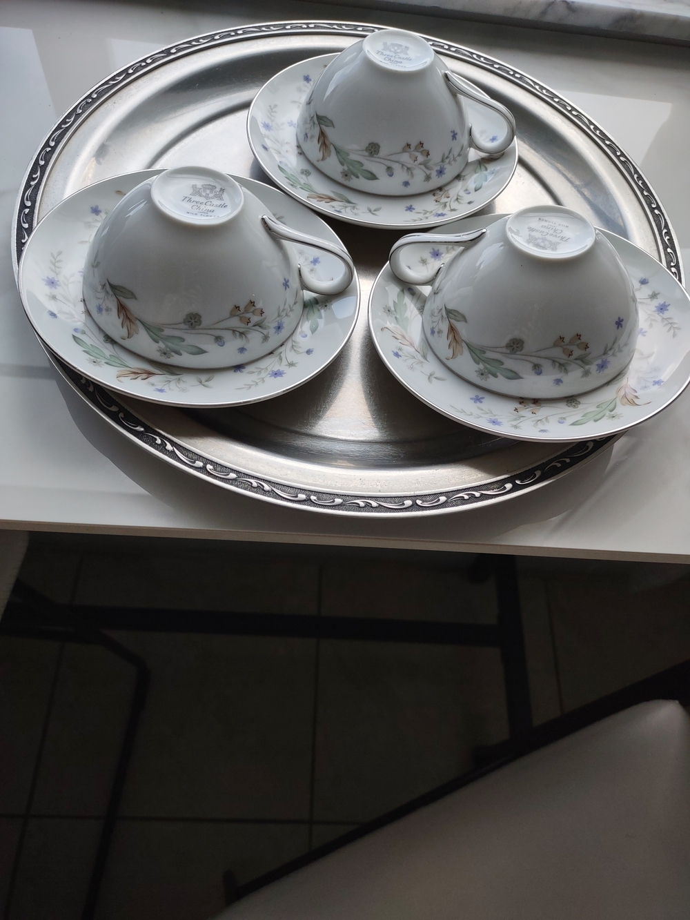 Three Fine Porcelain Tea Cups - White with Floral Accent